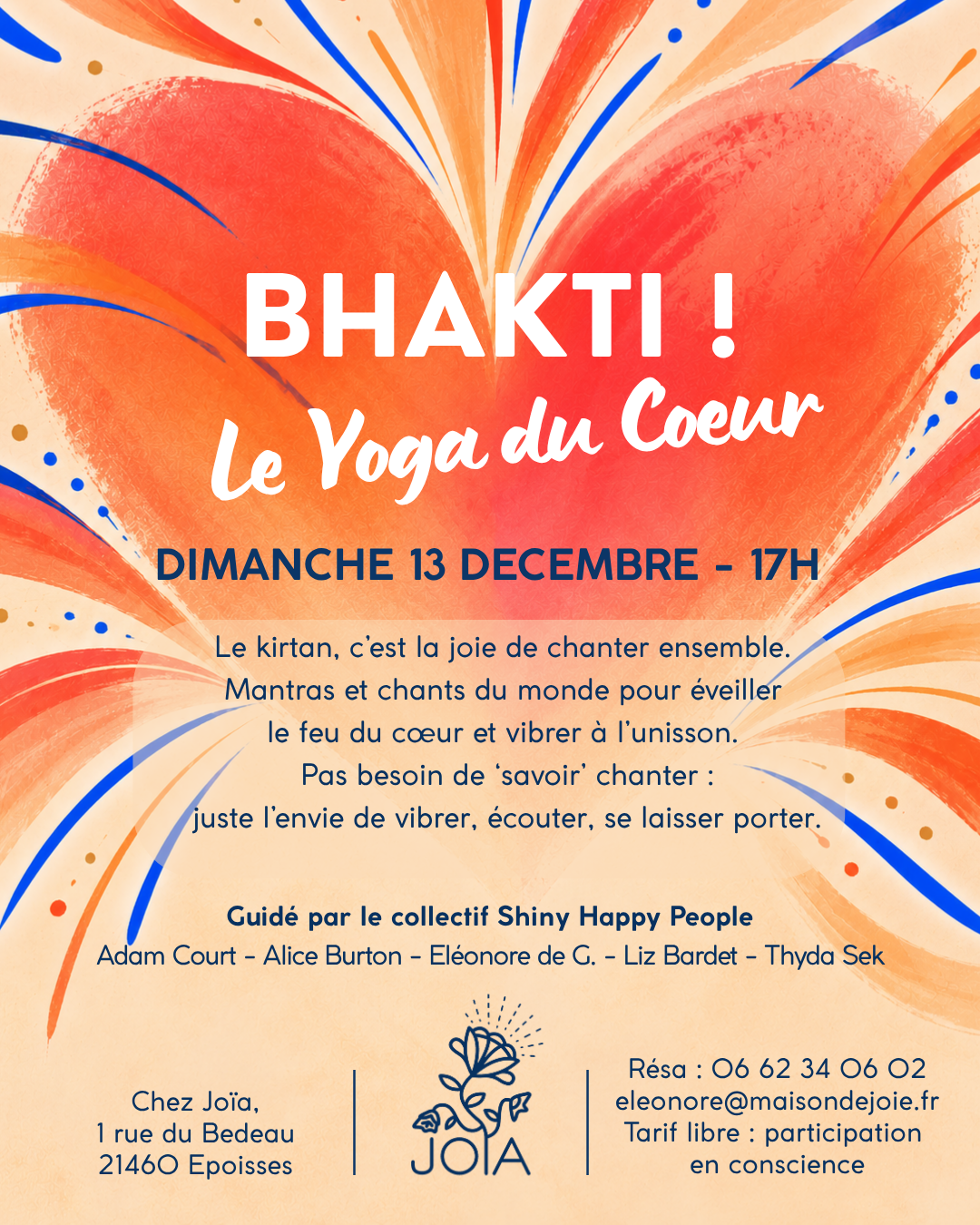 Affiche du Kirtan Bhakti, yoga du cœur et chant de mantras chez Joïa à Époisses, en Bourgogne.
