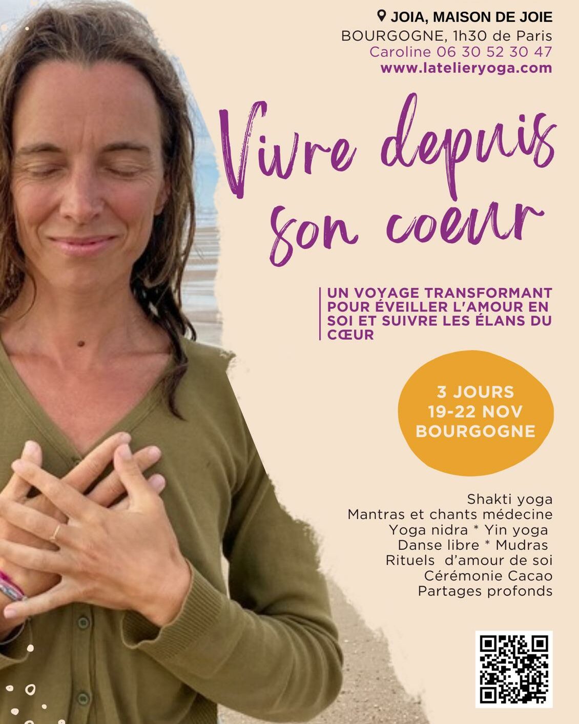 Affiche retraite Vivre depuis son cœur chez Joia en Bourgogne en Novembre 2026.